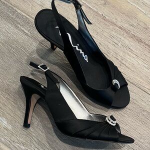 Nina Elegant Black Satin Heels with Rhinestone Detail